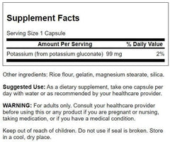 Close-up of Swanson Potassium Gluconate label highlighting purity and testing