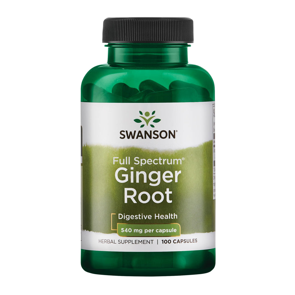 Swanson Premium Brand Ginger Root 540 mg bottle on a table, supporting digestion