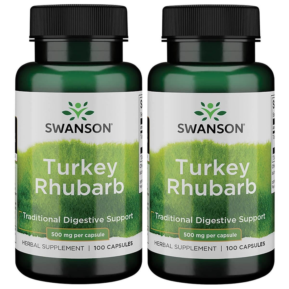 Swanson Turkey Rhubarb bottle and capsules for convenient daily digestive support.