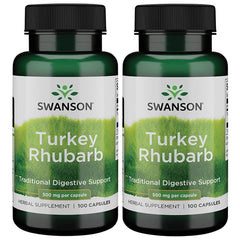 Swanson Turkey Rhubarb bottle and capsules for convenient daily digestive support.