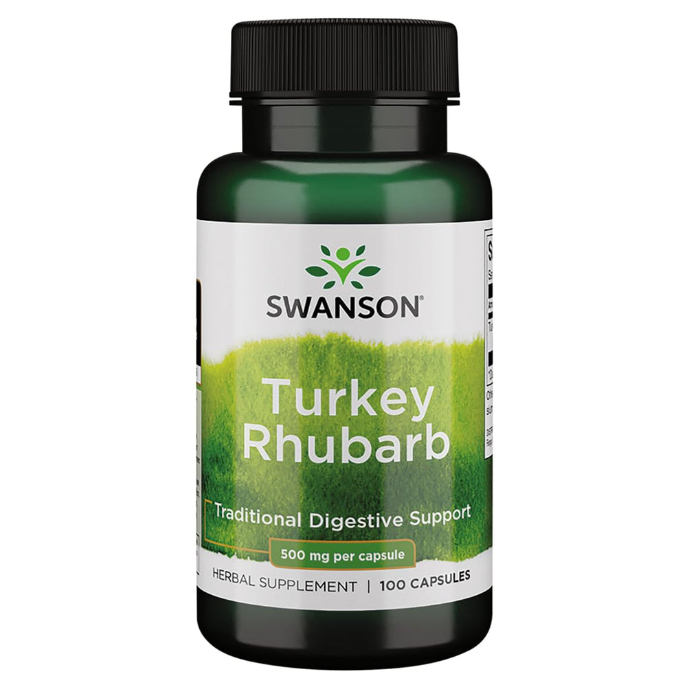 Swanson Turkey Rhubarb capsules close-up offering convenient daily digestive support.