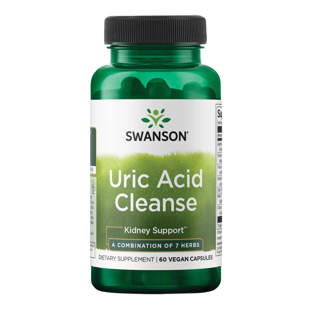 Swanson Uric Acid Cleanse bottle shown on a kitchen counter for daily kidney support
