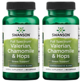 Swanson Valerian Chamomile Hops bottle for nighttime relaxation.