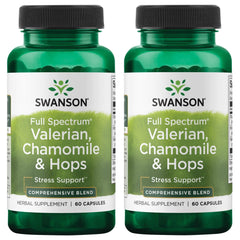 Swanson Valerian Chamomile Hops bottle for nighttime relaxation.