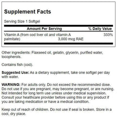 Swanson Vitamin A softgels label highlighting product details and source.