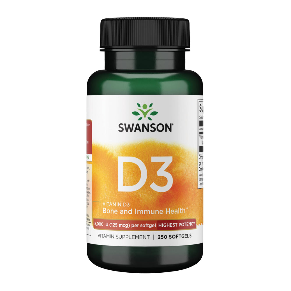 Swanson Vitamin D-3 5000 IU softgels bottle for daily bone health support.