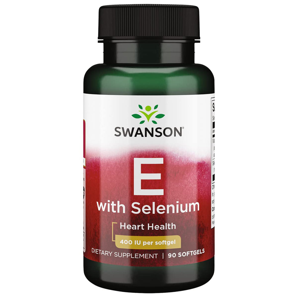 Swanson Vitamin E & Selenium softgels bottle front showing daily antioxidant support