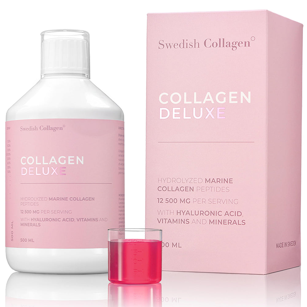 Swedish Collagen Deluxe bottle showcases high-dose marine collagen for skin and joints.