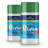 SweetLeaf organic stevia powder shaker jar close-up showing zero-calorie sweetness
