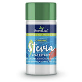 SweetLeaf organic stevia powder shaker jar demonstrates zero-calorie sweetness for beverages