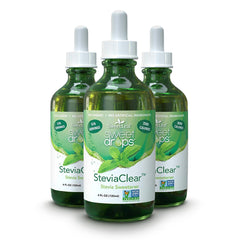 SweetLeaf SteviaClear bottle pour showing pure sweetness with no bitter aftertaste
