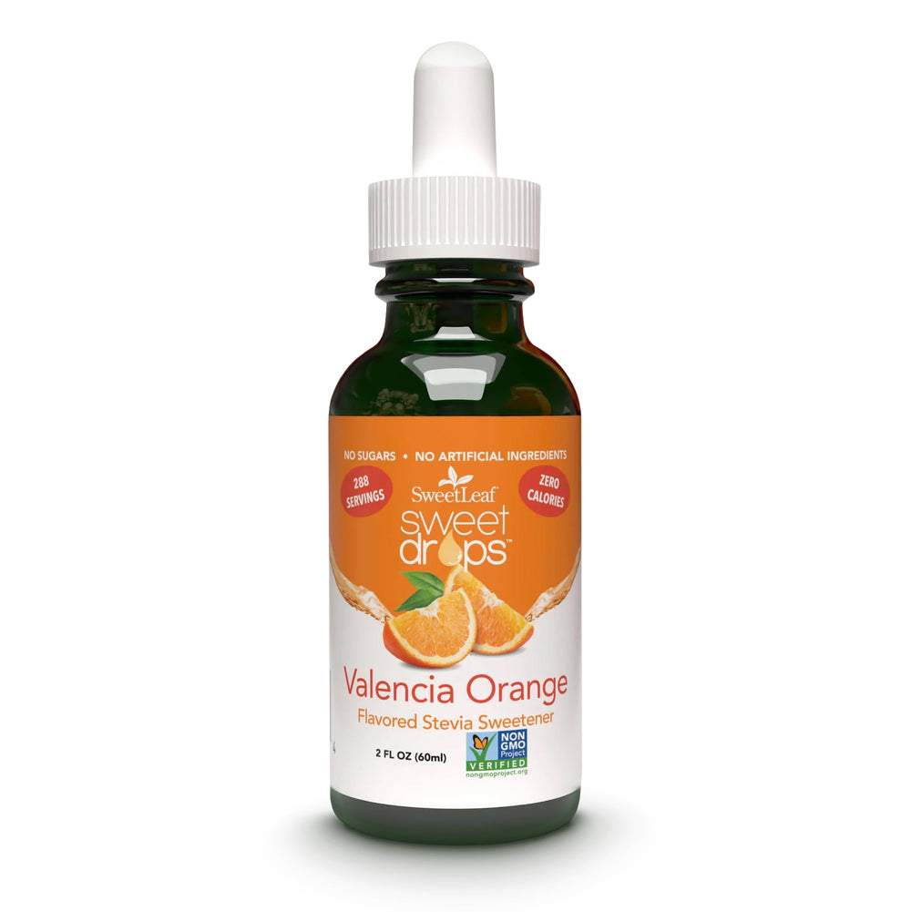 SweetLeaf Valencia Orange Sweet Drops bottle adds zero-calorie sweetness to beverages