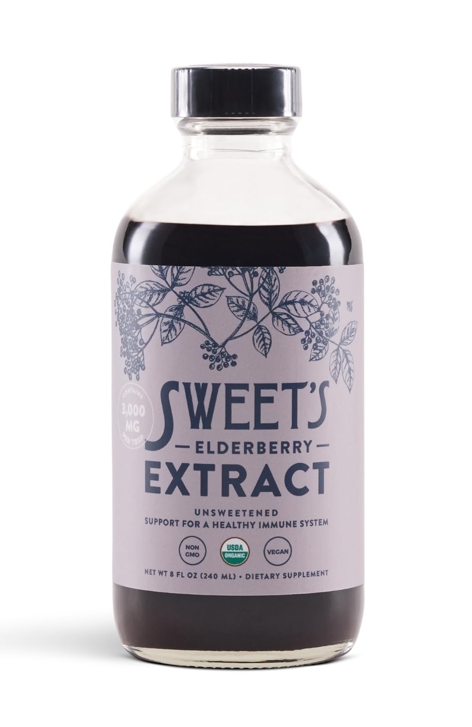 Sweet's Elderberry bottle full display highlighting organic ingredients and immune support potential