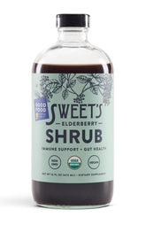Sweet's Elderberry Shrub bottle front showing organic ingredients and sustainability benefits.