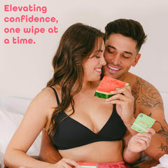 Sweetums Watermelon wipes made from plant fibers with eco-friendly packaging.
