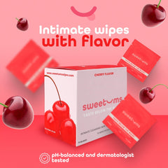 Sweetums cherry-flavored wipes in portable packaging for quick refresh anywhere.