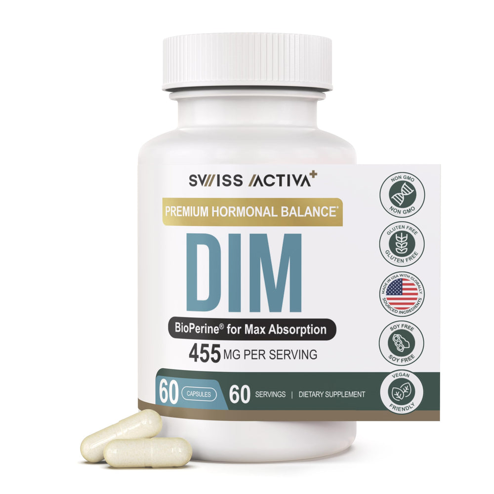 Swiss Activa+ DIM bottle closeup for hormone balance support.