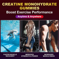Swiss Bioenergetics Creatine Gummies beside dumbbells illustrating workout convenience.