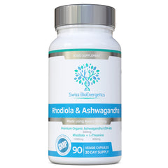 Swiss BioEnergetics Rhodiola Ashwagandha L-Theanine bottle with capsules, balanced energy
