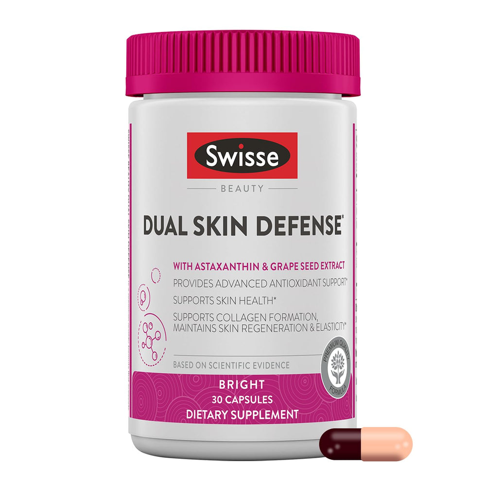 Swisse Beauty Dual Skin Defense bottle front highlighting premium packaging and ingredients for antioxidant support
