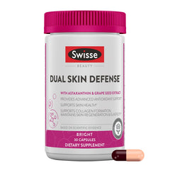 Swisse Beauty Dual Skin Defense bottle front highlighting premium packaging and ingredients for antioxidant support