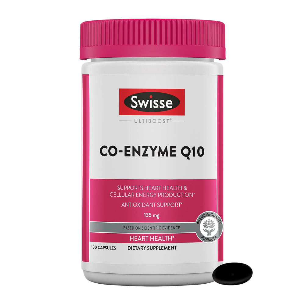 Swisse CoQ10 supplement bottle for daily heart health support.