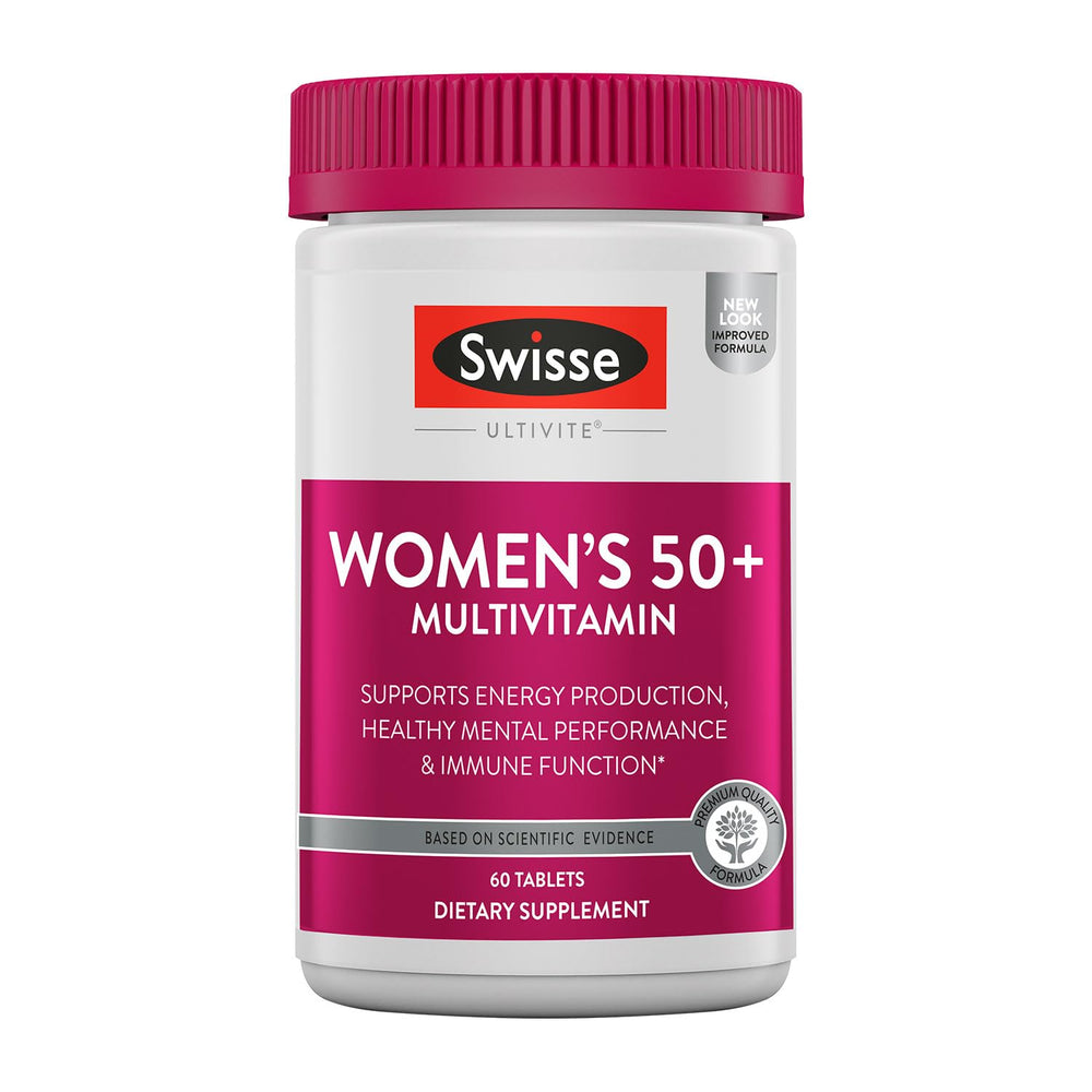 Swisse Daily Multivitamin for Women 50+ bottle, supports daily energy and wellness.