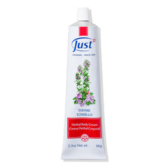 SwissJust Thyme Cream 96g bottle for easy body massage and relaxation.