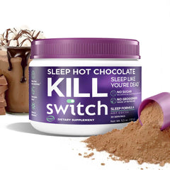 Switch Killswitch sleep aid bottle close-up highlights sugar-free cocoa for evening wind-down.