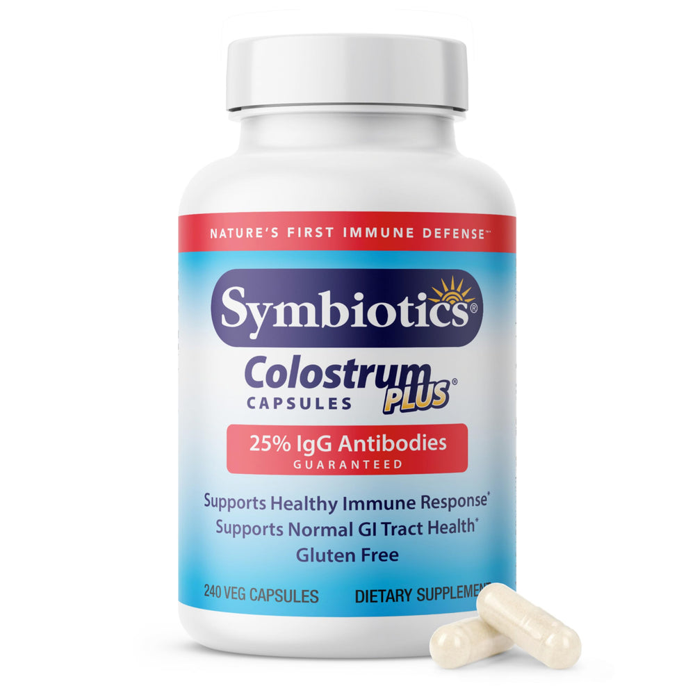 Symbiotics Colostrum 240ct bottle front showing immune support and gluten-free formula