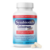 Symbiotics Colostrum 240ct bottle front showing immune support and gluten-free formula