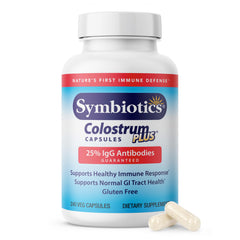 Symbiotics Colostrum 240ct bottle front showing immune support and gluten-free formula