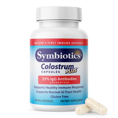 Symbiotics Colostrum 60 capsules bottle shown for immunity support and overall wellness.