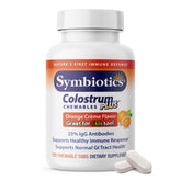 Symbiotics Colostrum Plus Orange Creme bottle highlighting immunity support for adults and kids.