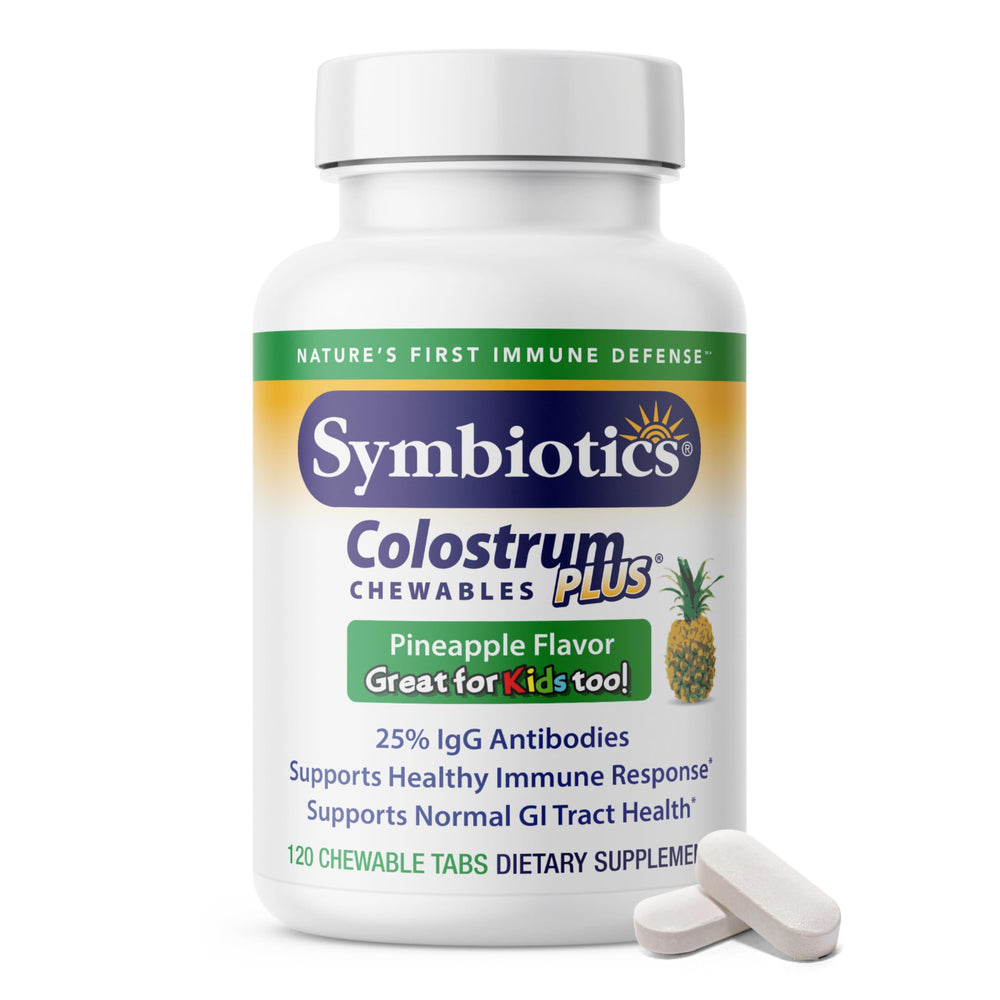 Symbiotics Colostrum Chewables Plus bottle pour offers convenient daily immunity support.