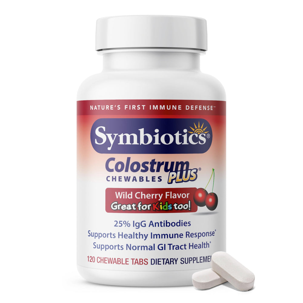 Symbiotics Colostrum Plus wild cherry bottle highlighting immunity support
