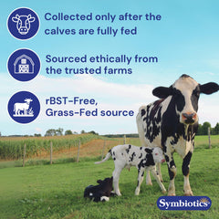 Symbiotics Colostrum bottle emphasizes lactoferrin and bioactive proteins.