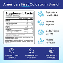 Symbiotics Colostrum Plus Powder tub back emphasizes 21 oz size and versatile daily mix