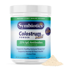 Symbiotics Colostrum Plus Powder tub front highlights gluten-free immune support for daily wellness