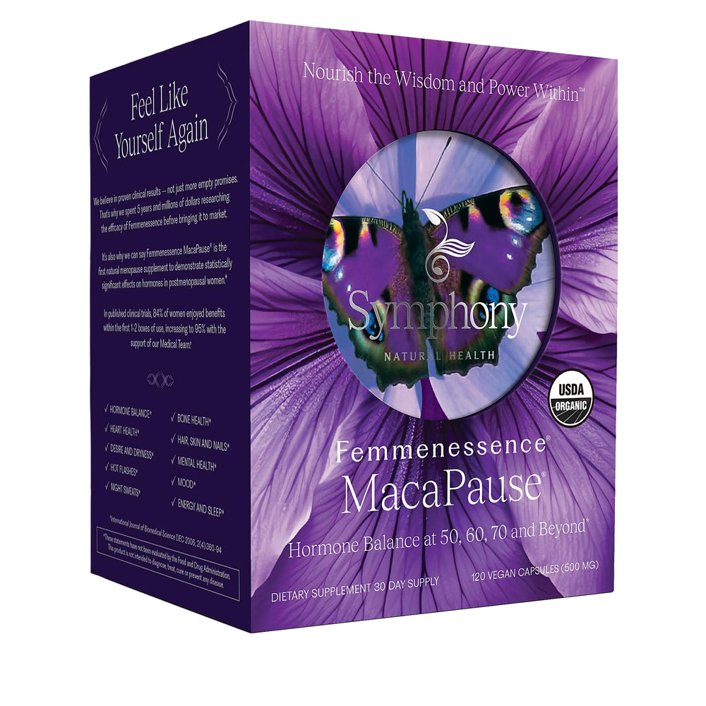 Symphony MacaPause bottle front showing vegan, organic menopause support.