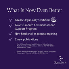 Symphony MacaPause capsules close-up highlighting vegan, organic daily-use formula.