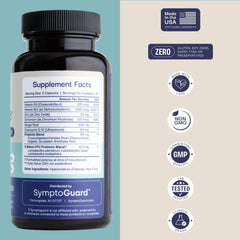 SymptoGuard GLP-1 bottle nutrition facts highlight probiotic and vitamin blend supporting daily energy.