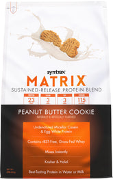 Syntrax Matrix peanut butter cookie tub front shows flavor and protein blend for daily use.