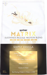 Syntrax Matrix bottle demonstrates sustained-release protein for steady energy between workouts