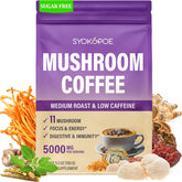 Syokupoe organic mushroom coffee 11-mushroom blend packaging highlights an energy-friendly experience.