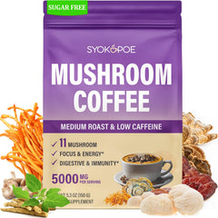 Syokupoe organic mushroom coffee 11-mushroom blend packaging highlights an energy-friendly experience.