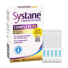 Systane Complete PF eye drops outer box shows preservative-free packaging for dry eye relief
