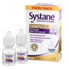 Systane Complete twin-pack bottle closeup showing compact packaging for easy use