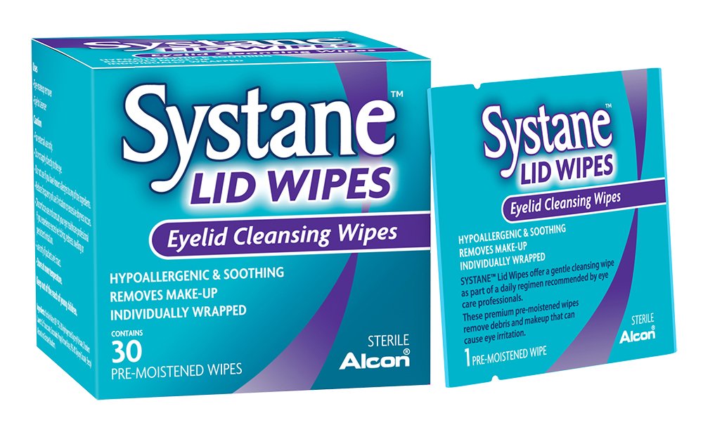 Systane Lid Wipes packaging and wipes for convenient eyelid cleansing on the go