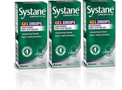 Systane lubricant eye gel drops bottle close-up shows smooth gel texture for long-lasting comfort.